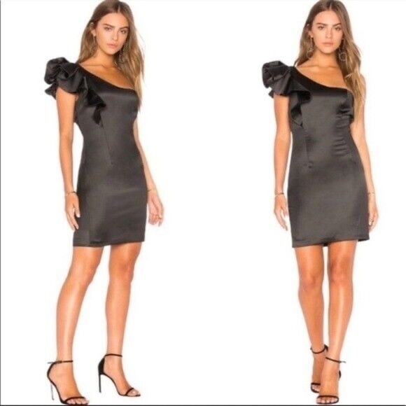 Bardot Black Satin Estella Frill One Shoulder Mini Dress revolve size 10 - Picture 1 of 15